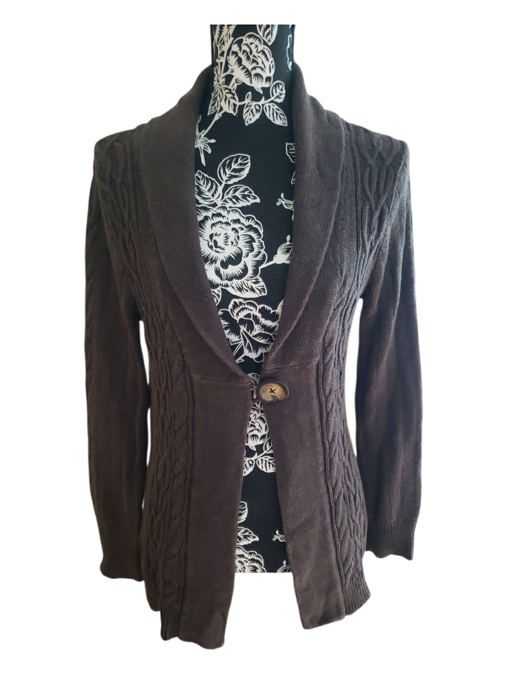Northcrest Brown Cable Knit Shawl Collar Cardigan